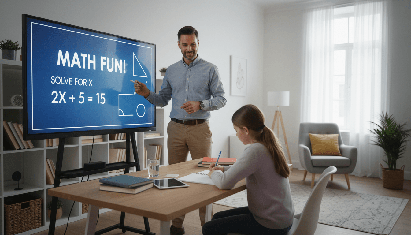 Expert teacher instructing student on digital whiteboard in premium home learning space