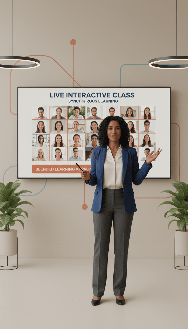 Professional educator teaching in a modern online classroom with digital whiteboard displayed