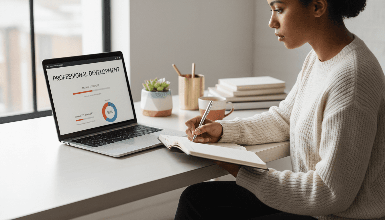 Female English language specialist conducting online tutoring session in bright professional space