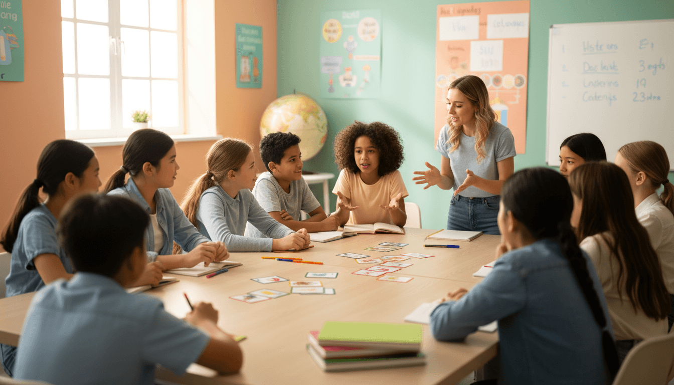 ESL instruction with professional educator and digital whiteboard