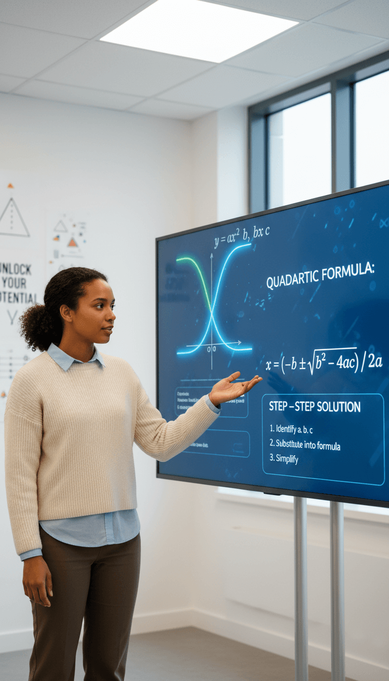 Expert mathematics tutor instructing student via digital whiteboard during online lesson